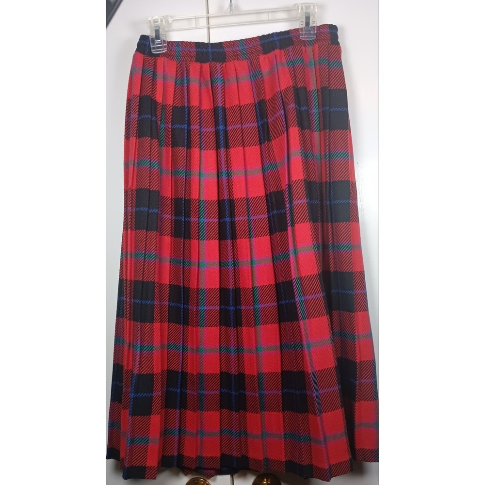 Vintage womens Pleated tartan Plaid Wool Skirt 14 Midi 80s preppy academia